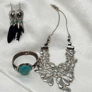 Native Turquoise Feather Style Jewelry Statement Necklace Earrings Bracelet Set
